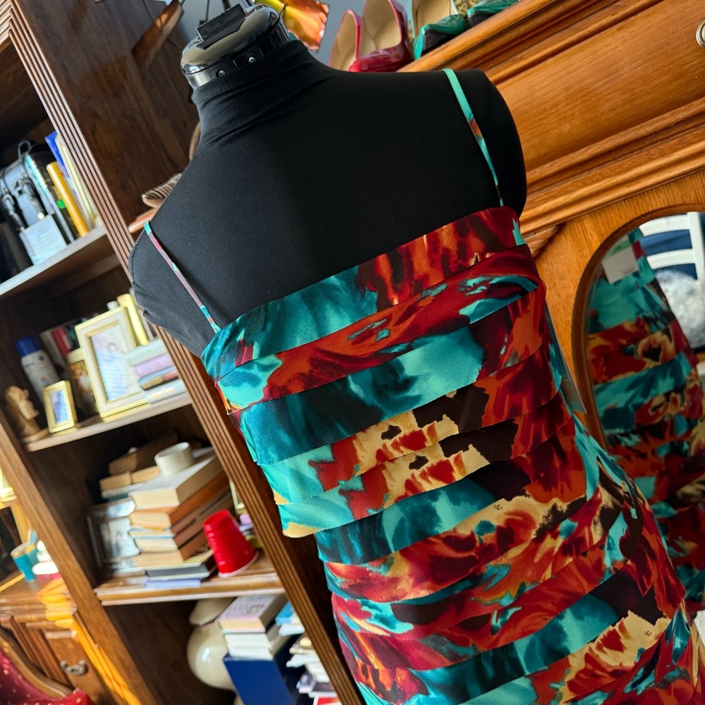 Vibrant Floral Adjustable Straps Cocktail Dress in Teal & Red